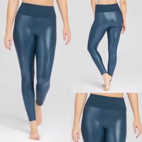 Assets by Spanx Blue Faux Leather Leggings - Picture 1 of 7